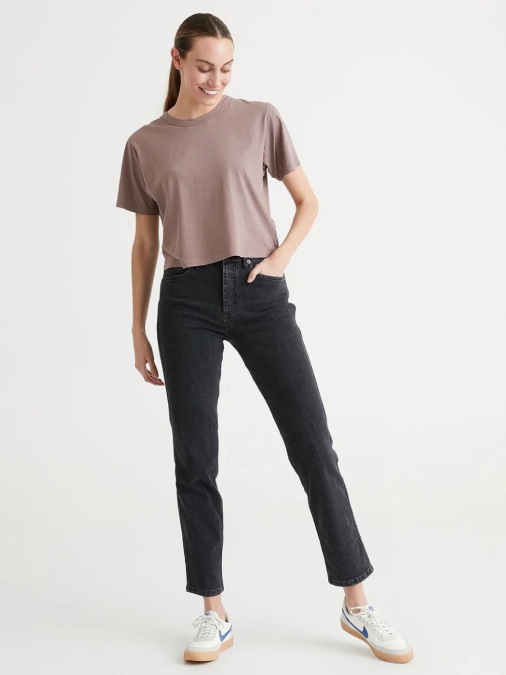 Du/er DUER Women's Performance Denim High Rise Straight Jeans | Faded Black 28